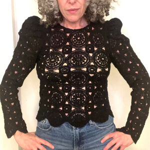 Black Lace Crochet Puff Sleeve Lace Top Goth Glam Romantic Boho Blouse XS-S